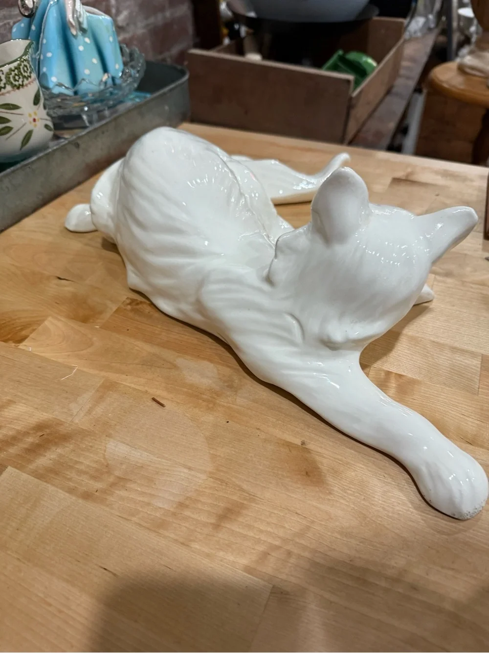 White Ceramic Cat Figurine Green Eyes - Decorative Pet Sculpture large vintage